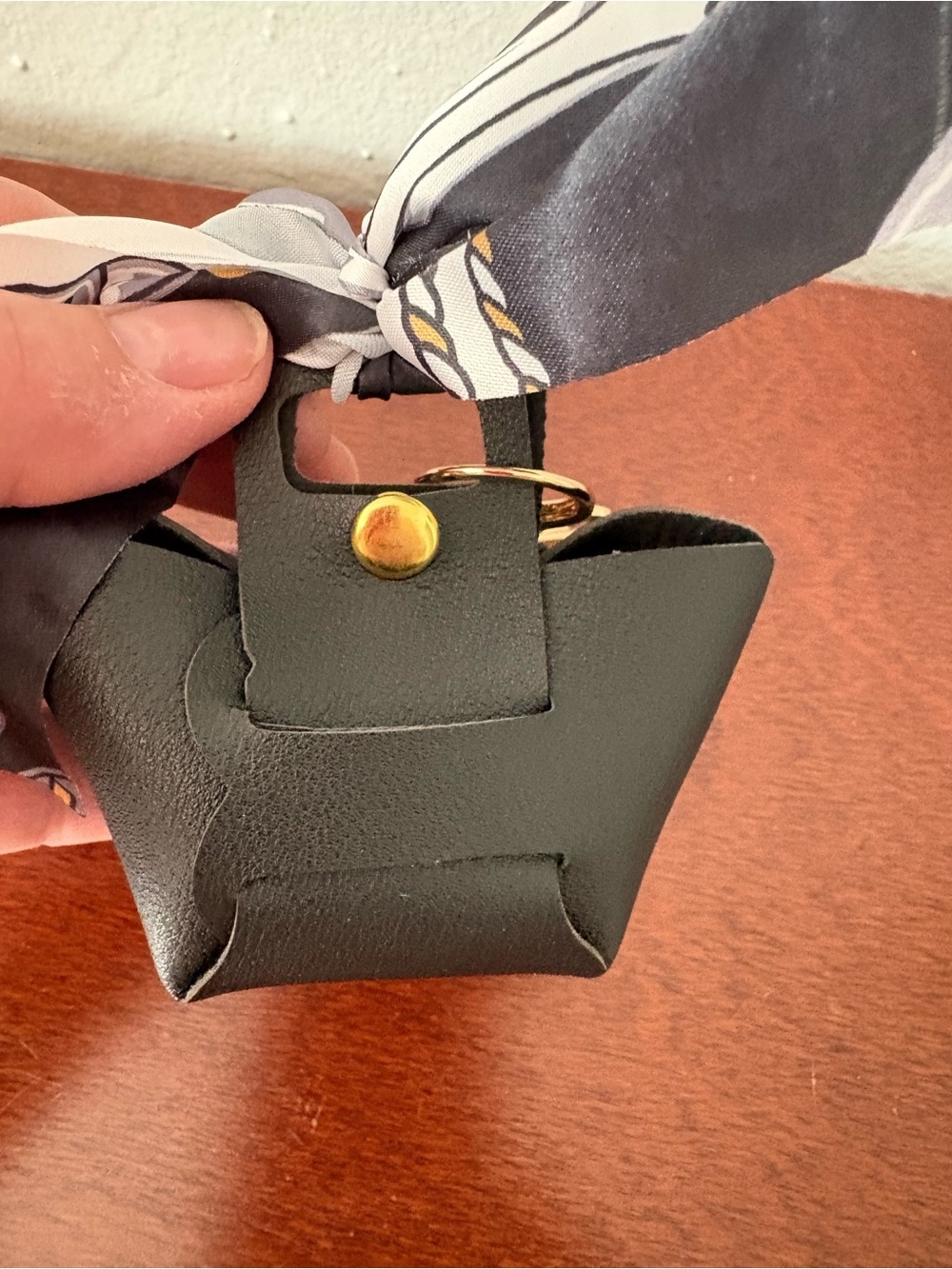 NWOT Black Mini Leather Purse Charm /Keychain with Gold Tone Hardware and Scarf